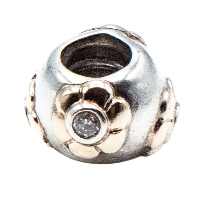 Pandora Rare Raised Flower Sterling Silver And 14K Gold Charm With Clear Zirconia