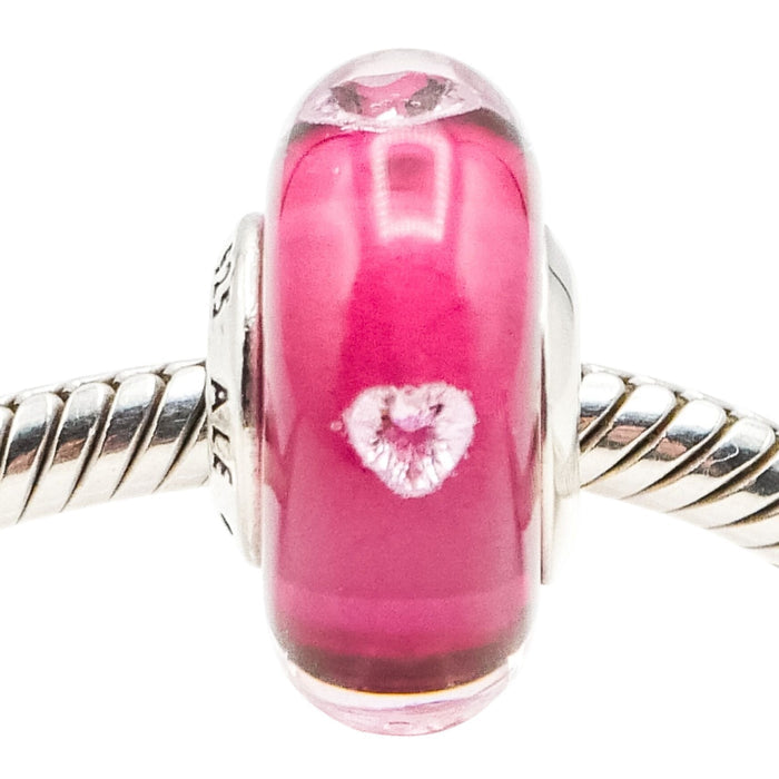 Pandora Rare Retired Cerise Heart Murano Glass Sterling Silver Charm With Clear Zirconia