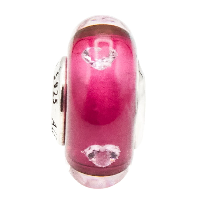 Pandora Rare Retired Cerise Heart Murano Glass Sterling Silver Charm With Clear Zirconia