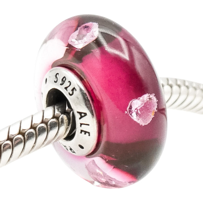 Pandora Rare Retired Cerise Heart Murano Glass Sterling Silver Charm With Clear Zirconia
