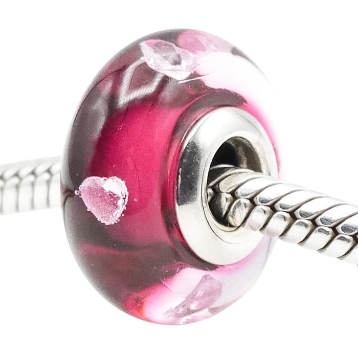 Pandora Rare Retired Cerise Heart Murano Glass Sterling Silver Charm With Clear Zirconia