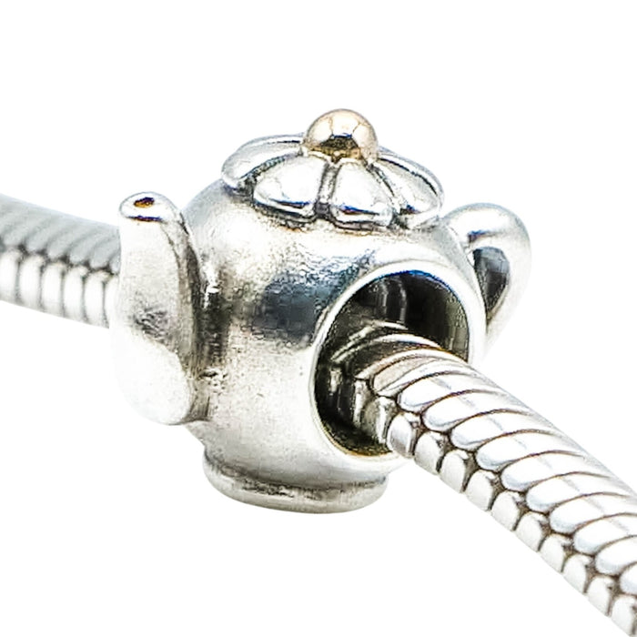 Pandora Rare Teapot 925 ALE Sterling Silver Charm With 14K Gold Bead