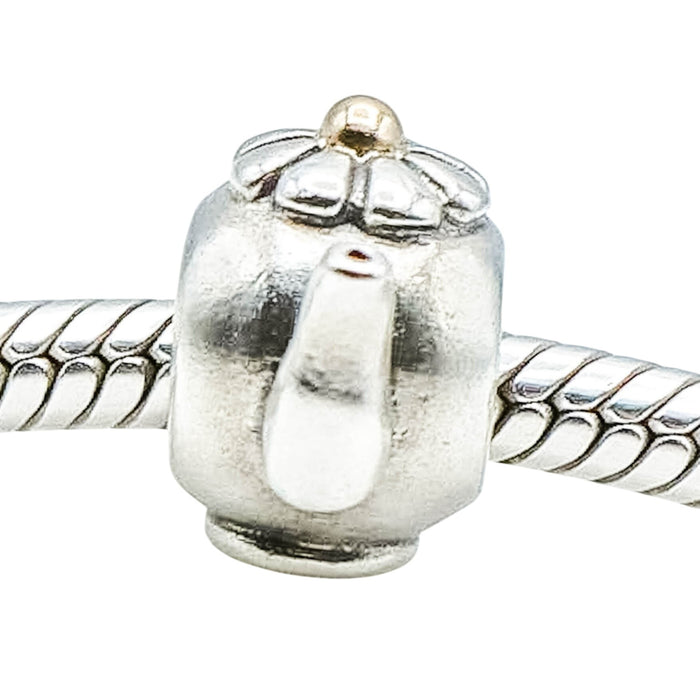Pandora Rare Teapot 925 ALE Sterling Silver Charm With 14K Gold Bead