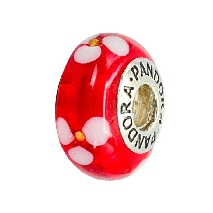 Pandora Red Flowers Murano Glass Charm Sterling Silver Retired