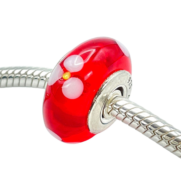 Pandora Red Flowers Murano Glass Charm Sterling Silver Retired
