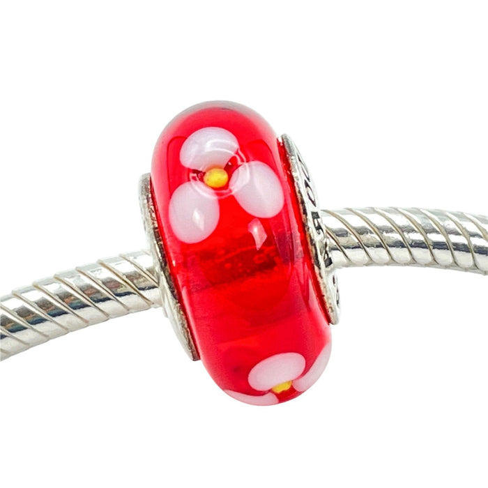 Pandora Red Flowers Murano Glass Charm Sterling Silver Retired