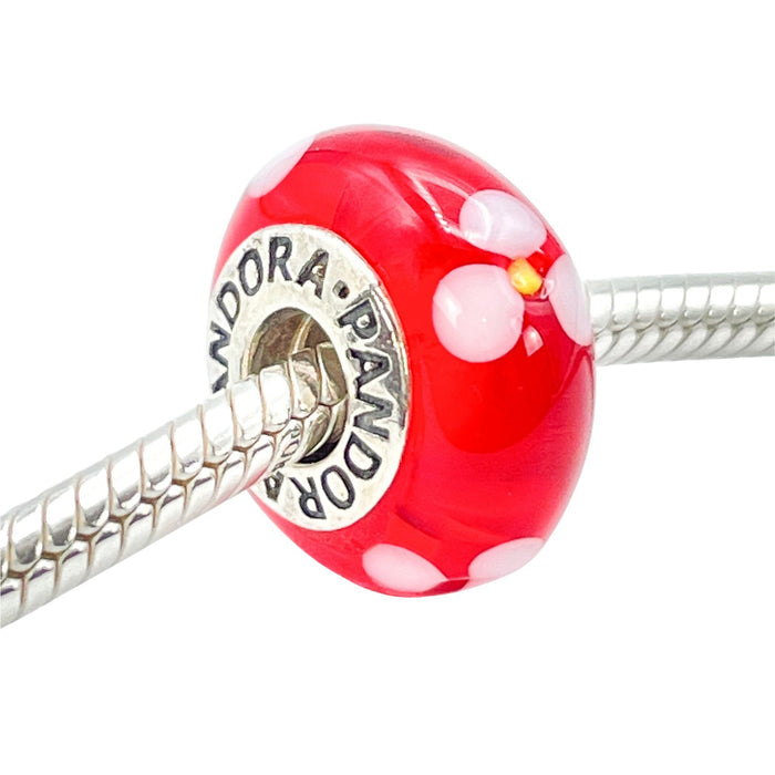 Pandora Red Flowers Murano Glass Charm Sterling Silver Retired