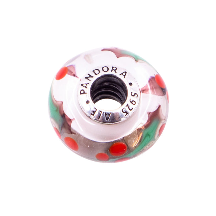 Pandora Retired Christmas Holly Murano Glass Sterling Silver Holiday Charm