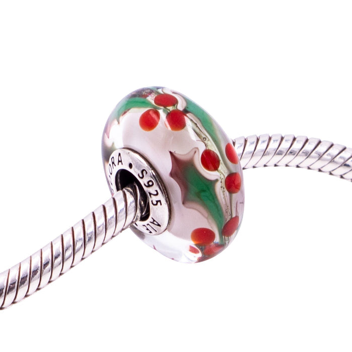 Pandora Retired Christmas Holly Murano Glass Sterling Silver Holiday Charm