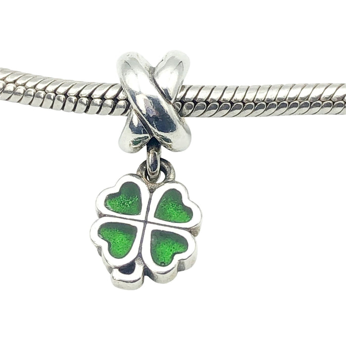 Pandora Retired Green Four Leaf Clover Sterling Silver Enamel Dangle Charm