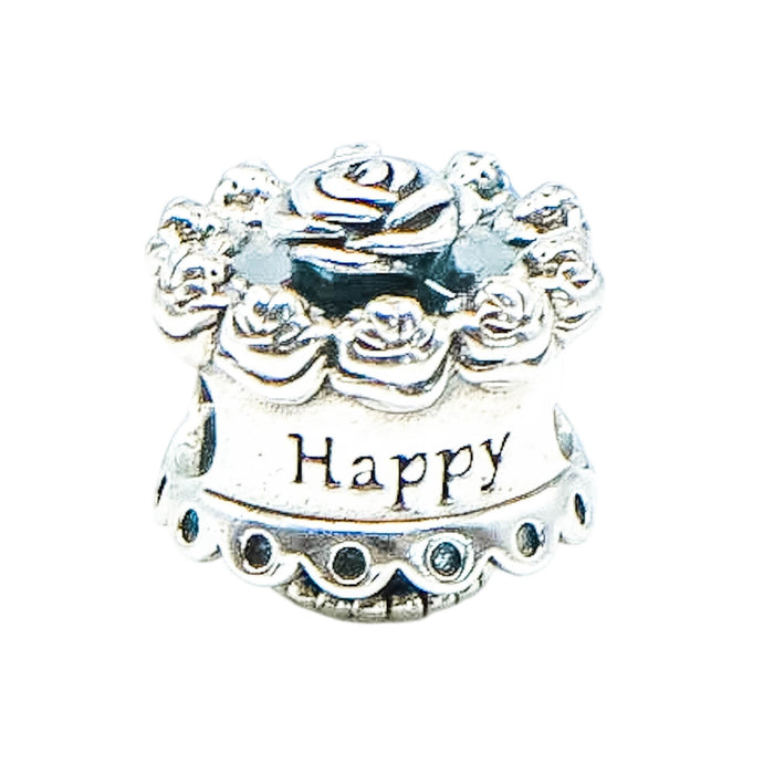 Pandora Retired Happy Birthday Cake Sterling Silver Rose Charm