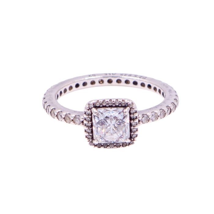 Pandora Retired Timeless Elegance Sterling Silver Clear CZ Square Halo Ring Size 6