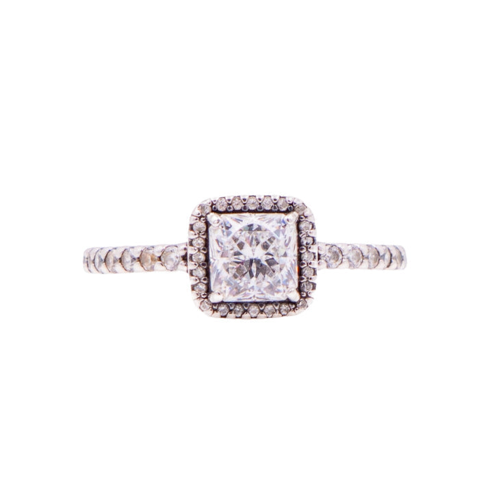 Pandora Retired Timeless Elegance Sterling Silver Clear CZ Square Halo Ring Size 6