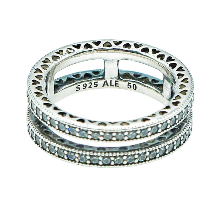 PANDORA Size 5 (50) Double Hearts of Pandora Sterling Silver Ring With Zirconia