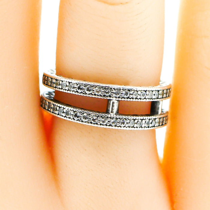 PANDORA Size 5 (50) Double Hearts of Pandora Sterling Silver Ring With Zirconia