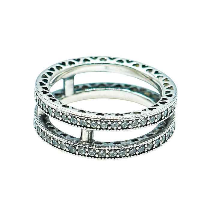PANDORA Size 5 (50) Double Hearts of Pandora Sterling Silver Ring With Zirconia