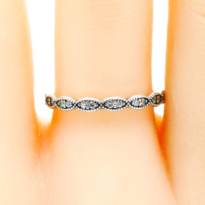 PANDORA Size 7.5 (56) Sparkling Leaves Sterling Silver Stackable Ring With Clear Zirconia