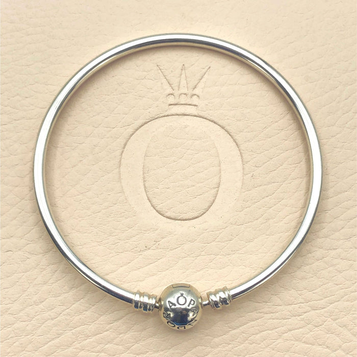 Pandora Sterling Bangle Bracelet With Pandora Logo Clasp 7.5 Inches