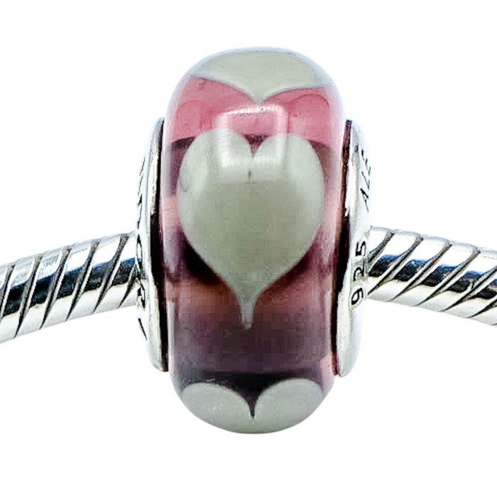 Pandora Violet Murano Glass Charm Grey Hearts Sterling Silver Retired