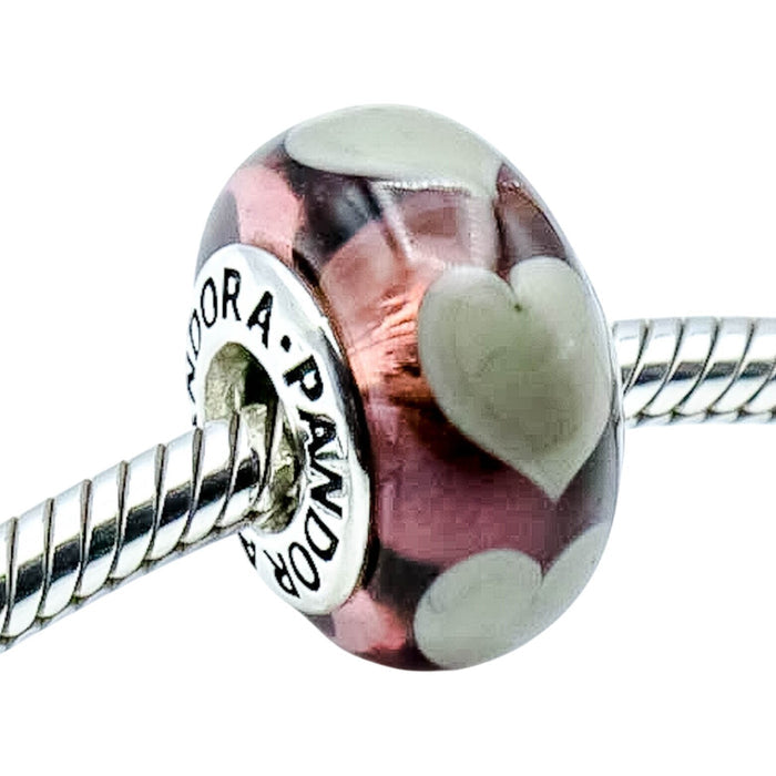 Pandora Violet Murano Glass Charm Grey Hearts Sterling Silver Retired