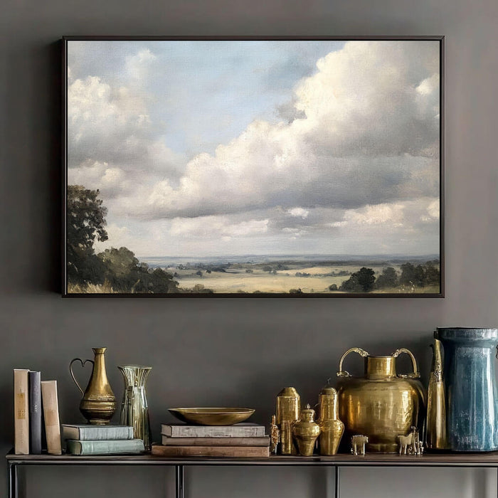 Classic Landscape Oil Painting - Serene Field and Cloudy Sky Canvas Art - Pastoral Light - Hues Art Lab