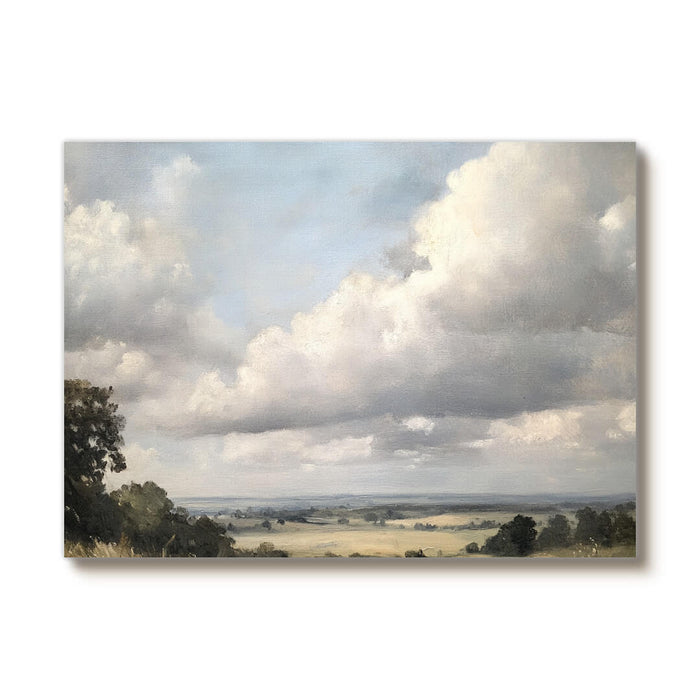 Classic Landscape Oil Painting - Serene Field and Cloudy Sky Canvas Art - Pastoral Light - Hues Art Lab