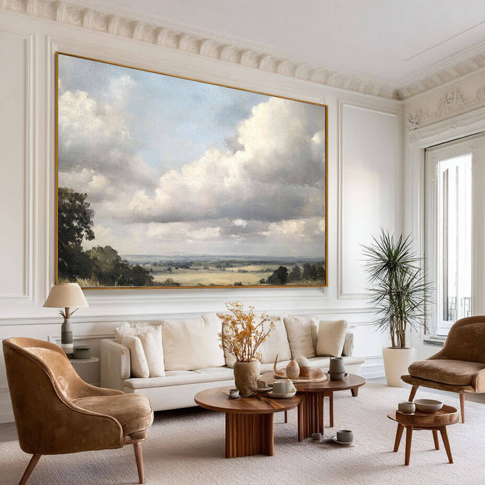 Classic Landscape Oil Painting - Serene Field and Cloudy Sky Canvas Art - Pastoral Light - Hues Art Lab