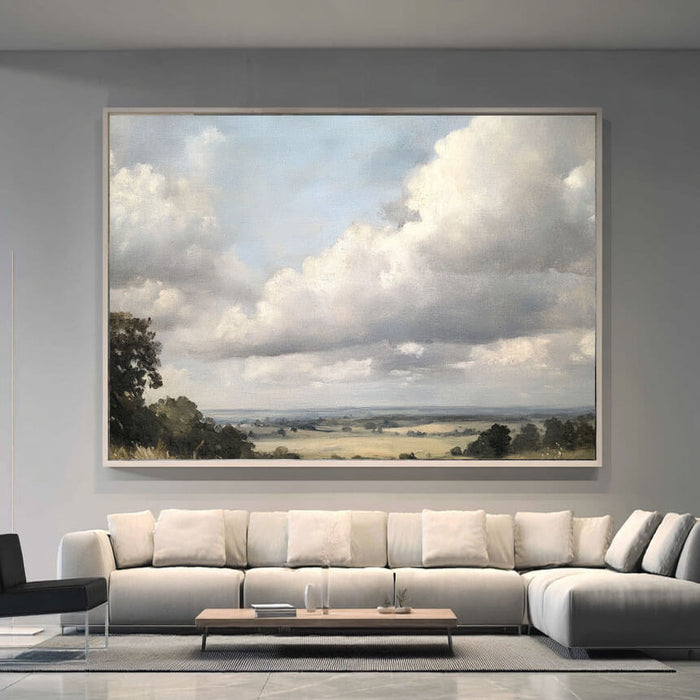 Classic Landscape Oil Painting - Serene Field and Cloudy Sky Canvas Art - Pastoral Light - Hues Art Lab