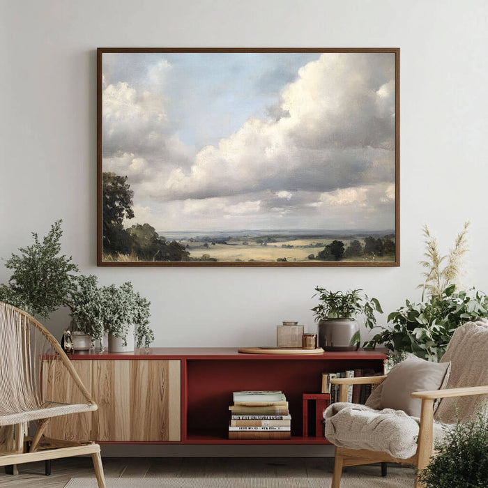 Classic Landscape Oil Painting - Serene Field and Cloudy Sky Canvas Art - Pastoral Light - Hues Art Lab