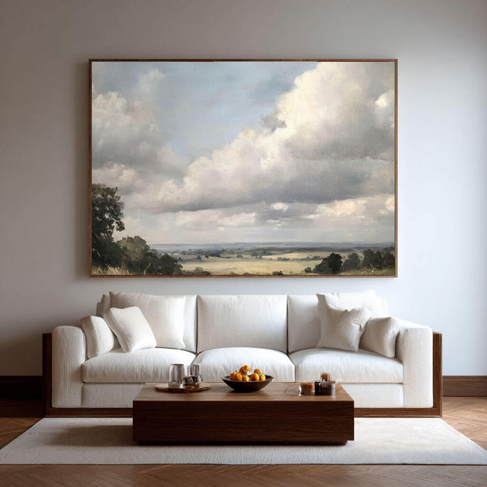Classic Landscape Oil Painting - Serene Field and Cloudy Sky Canvas Art - Pastoral Light - Hues Art Lab