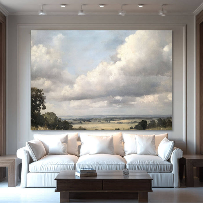 Classic Landscape Oil Painting - Serene Field and Cloudy Sky Canvas Art - Pastoral Light - Hues Art Lab