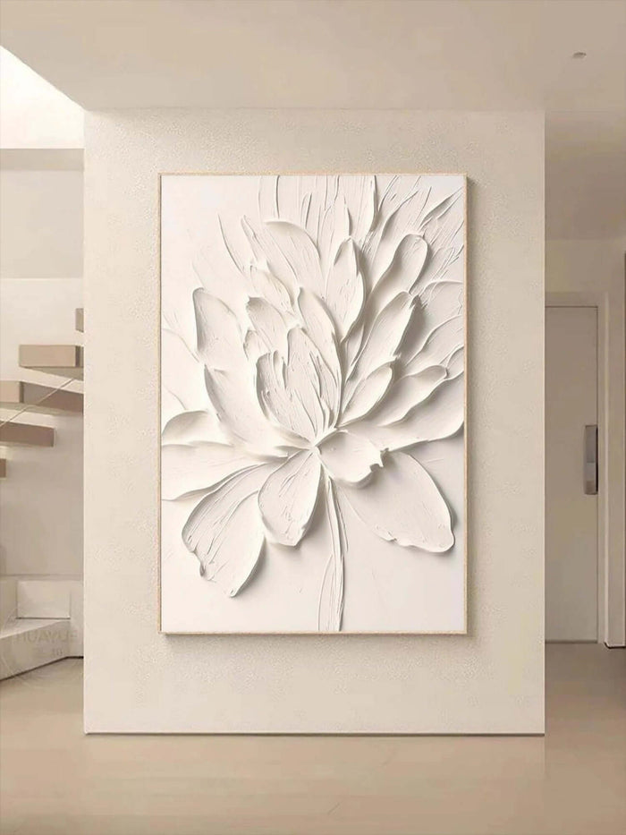 White Floral Texture Wall Art - Minimalist 3D Petal Canvas for Modern Bedrooms or Living Spaces - Petals in White - Hues Art Lab