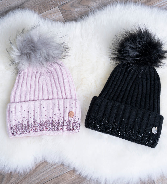 Blackfort Equestrian women's winter bobble pom pom hat pink & grey