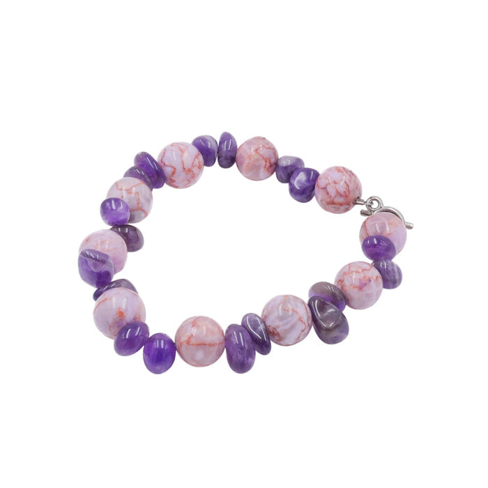 Pink Jasper & Amethyst Beaded Bracelet Toggle Clasp 8.5 Inches