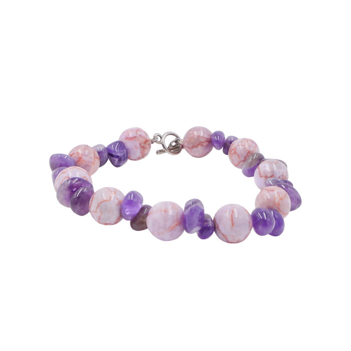 Pink Jasper & Amethyst Beaded Bracelet Toggle Clasp 8.5 Inches