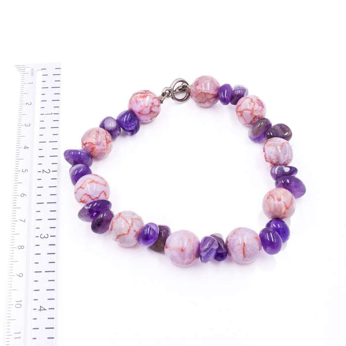 Pink Jasper & Amethyst Beaded Bracelet Toggle Clasp 8.5 Inches