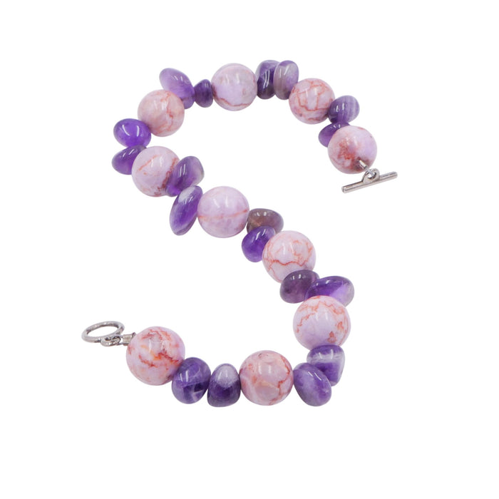 Pink Jasper & Amethyst Beaded Bracelet Toggle Clasp 8.5 Inches