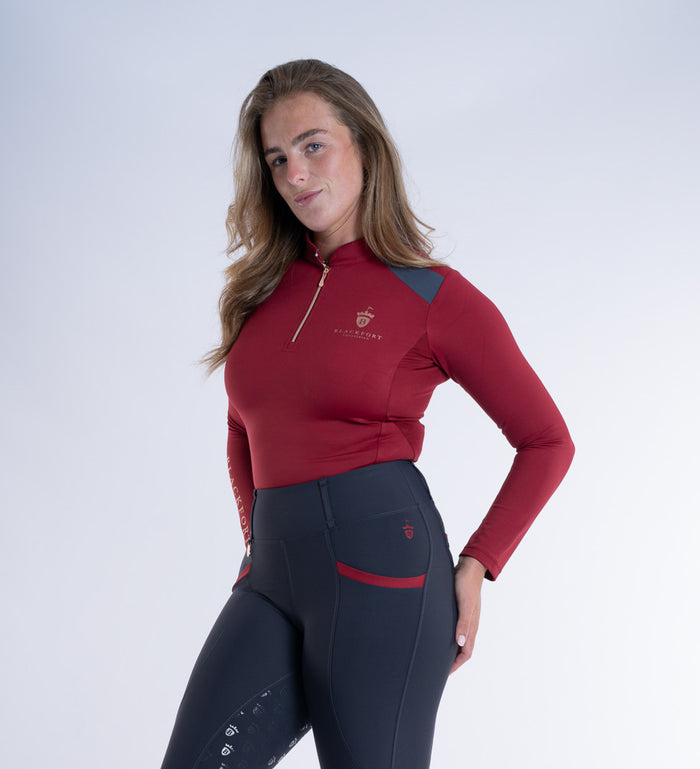 Women's Blackfort Equestrian Pomegranate Red Long Sleeved Cool Mesh Base Layer Rose Gold Zip
