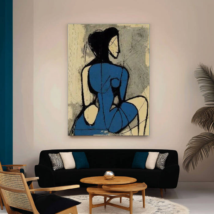 Modern Abstract Nude Wall Art - Blue Figure Expressionist Canvas Painting - Posture No. 5 - Hues Art Lab