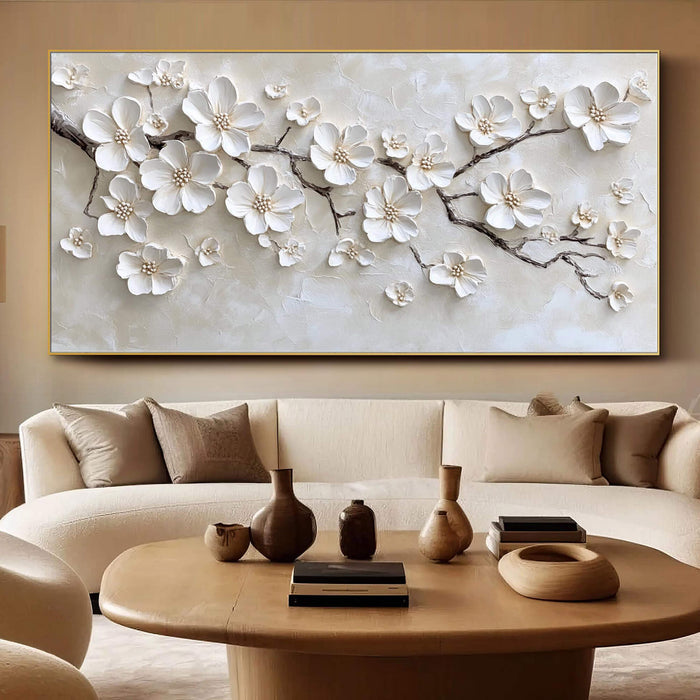 Pure Petals framed white floral canvas print in a serene room