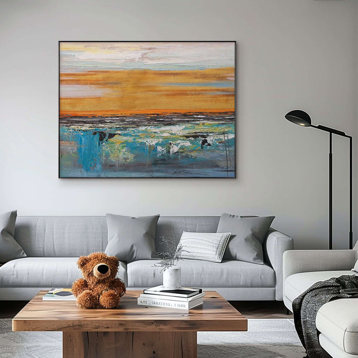 Golden Abstract Wall Art - Large Handmade Canvas with Ocean Texture for Living Room or Office - Rays of Life - Hues Art Lab