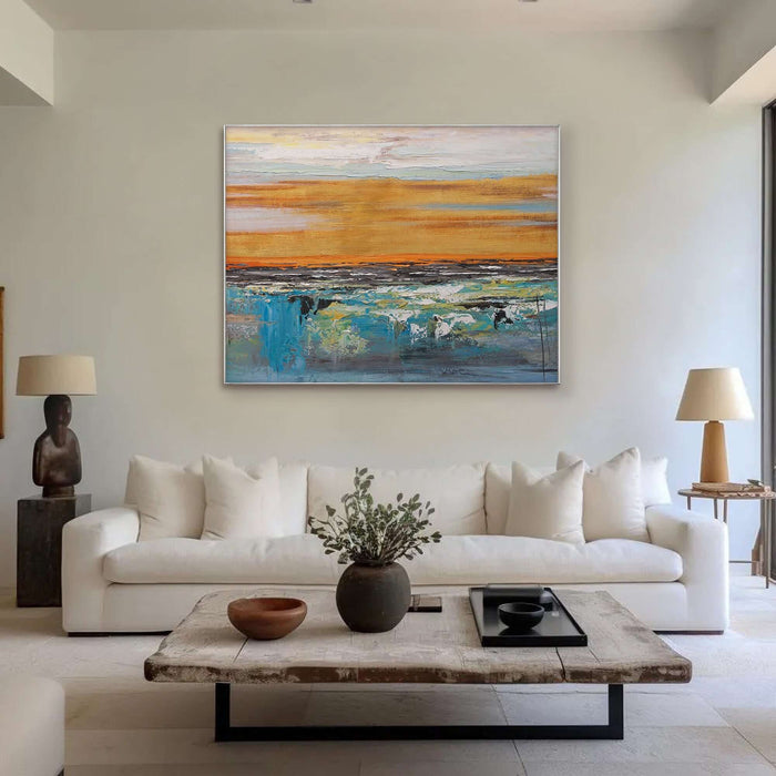 Golden Abstract Wall Art - Large Handmade Canvas with Ocean Texture for Living Room or Office - Rays of Life - Hues Art Lab