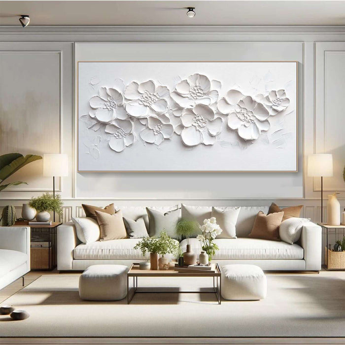 White 3D Floral Textured Wall Art - Handcrafted Horizontal Canvas for Living Room or Bedroom Decor - River of Petals - Hues Art Lab