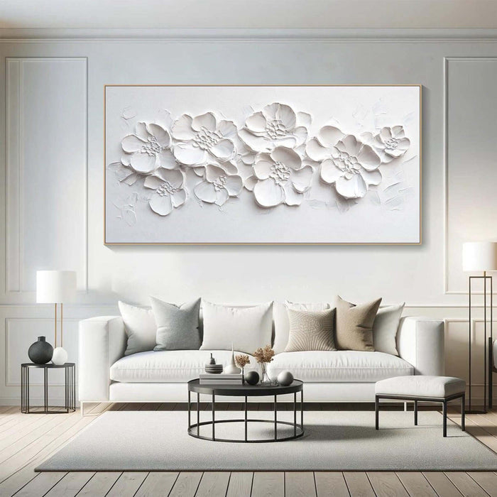 White 3D Floral Textured Wall Art - Handcrafted Horizontal Canvas for Living Room or Bedroom Decor - River of Petals - Hues Art Lab