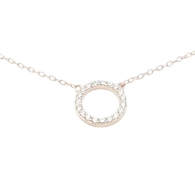Rose Gold Tone Sterling Silver Pave CZ Circle Necklace 16 to 18 Inches