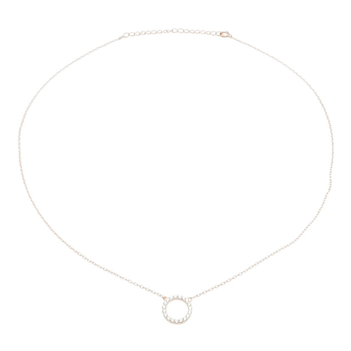 Rose Gold Tone Sterling Silver Pave CZ Circle Necklace 16 to 18 Inches