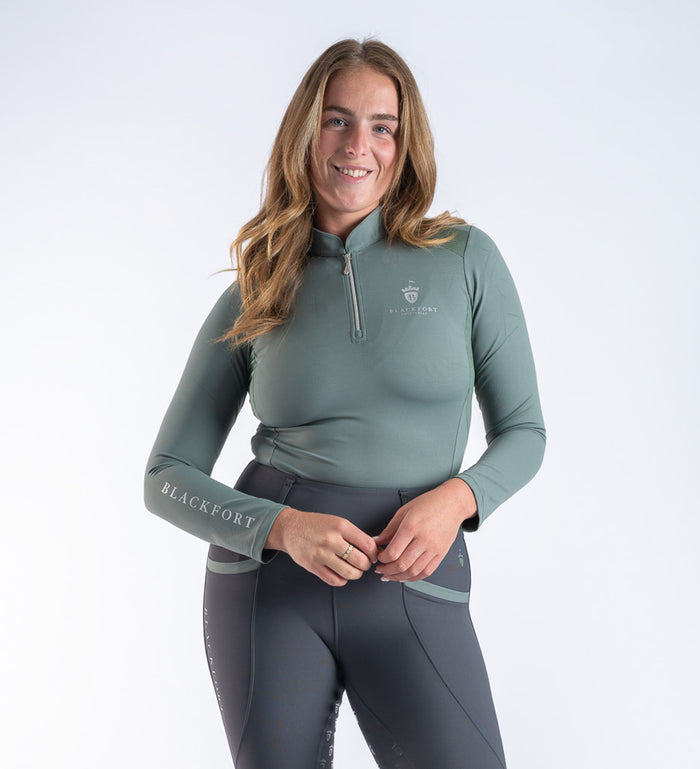 Women's Blackfort Equestrian sage green long sleeved base layer cool mesh silver zip