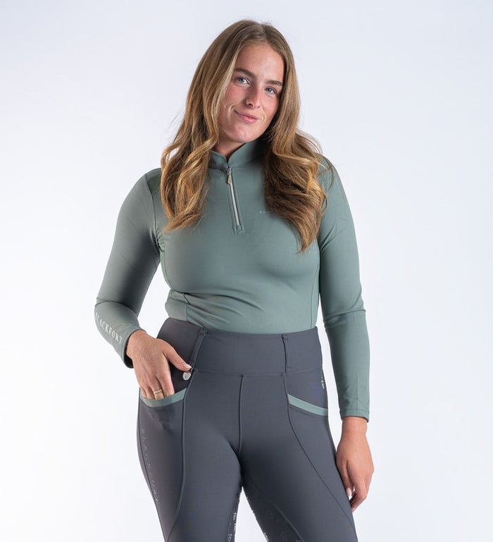 Women's Blackfort Equestrian sage green long sleeved base layer cool mesh silver zip