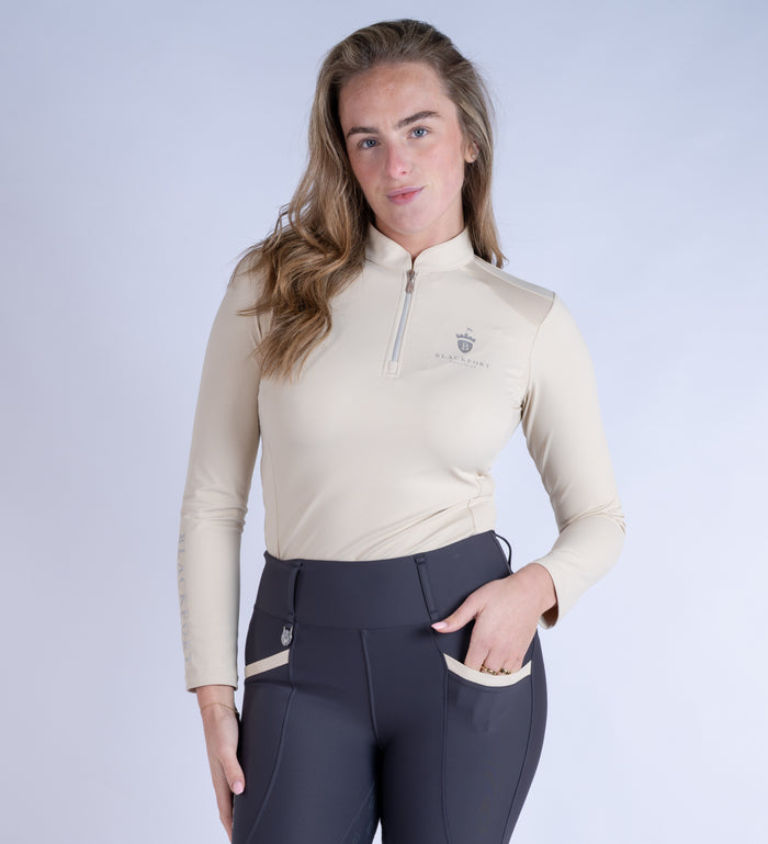 Blackfort Equestrian women's long sleeve sand cool mesh base layer silver zip and detailing