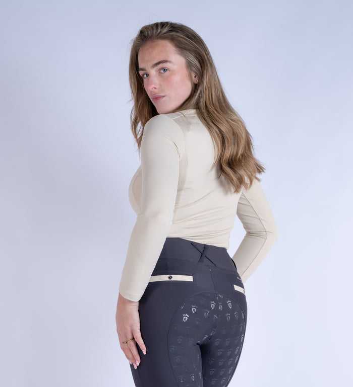 Blackfort Equestrian women's long sleeve sand cool mesh base layer silver zip and detailing